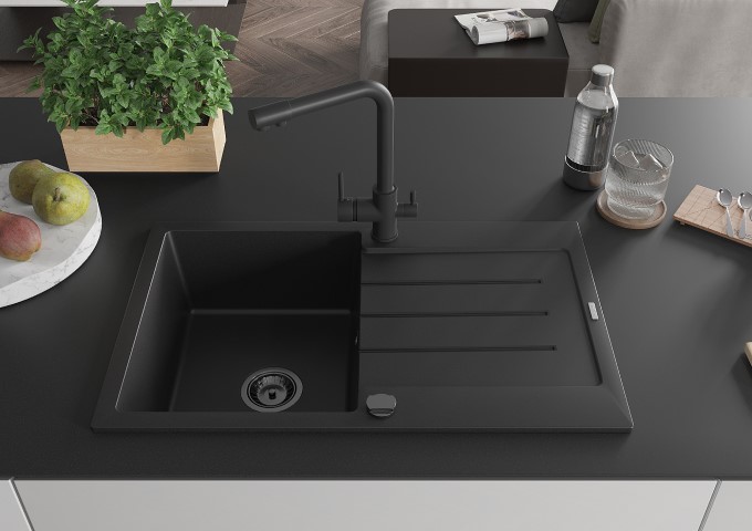 Chiuvete de bucătărie din granit cu o singură cuvă și scurgător negre