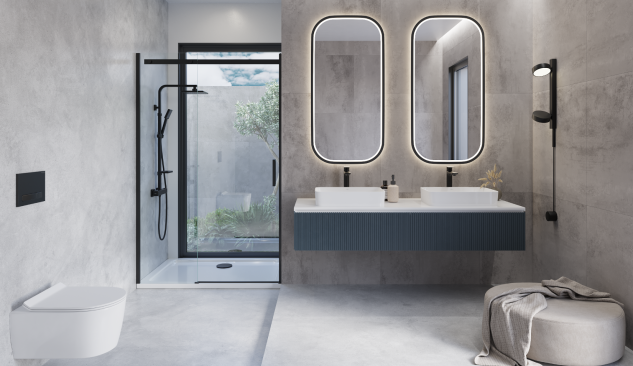 Baie modernă cu două chiuvete suprapuse