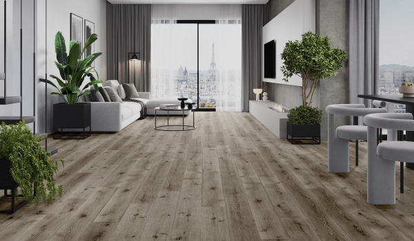 Salon modern cu podea care imită lemnul