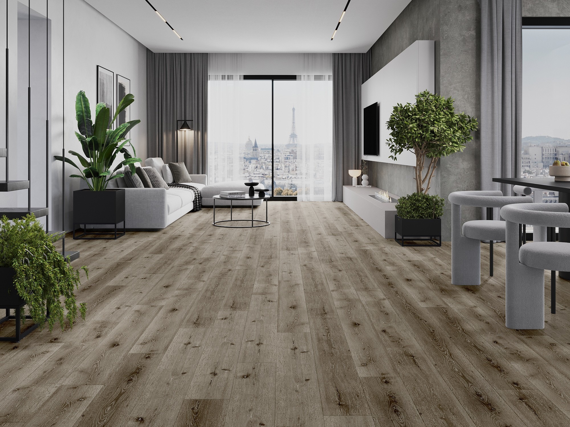 Salon modern cu podea care imită lemnul